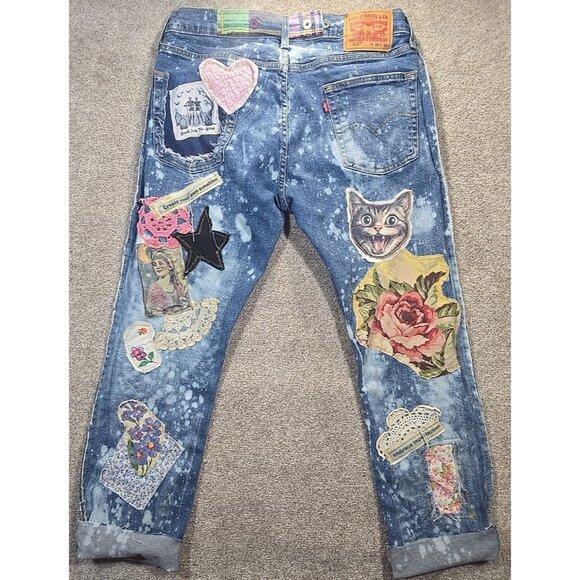 OOAK Magnolia Boho Reworked Levi Jeans Upcycle Boyfriend Indie Cat Adjusts 26-32 - Picture 9 of 16